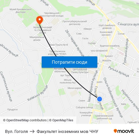 Вул. Гоголя to Факультет іноземних мов ЧНУ map