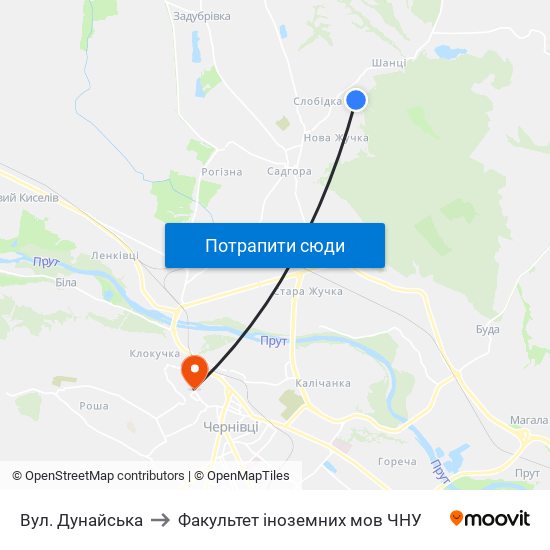 Вул. Дунайська to Факультет іноземних мов ЧНУ map