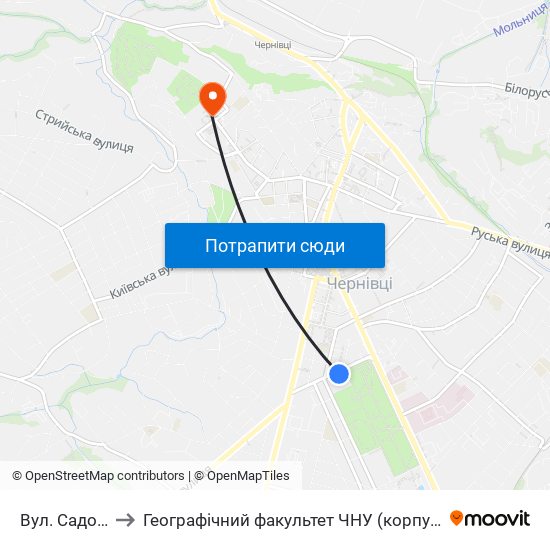 Вул. Садова to Географічний факультет ЧНУ (корпус #4) map