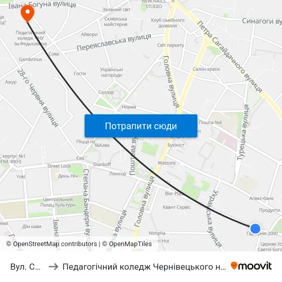 Вул. Садовського to Педагогічний коледж Чернівецького національного університету їм. Ю. Федьковича map