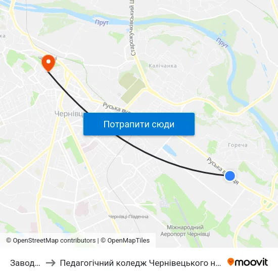 Завод "Гравітон" to Педагогічний коледж Чернівецького національного університету їм. Ю. Федьковича map