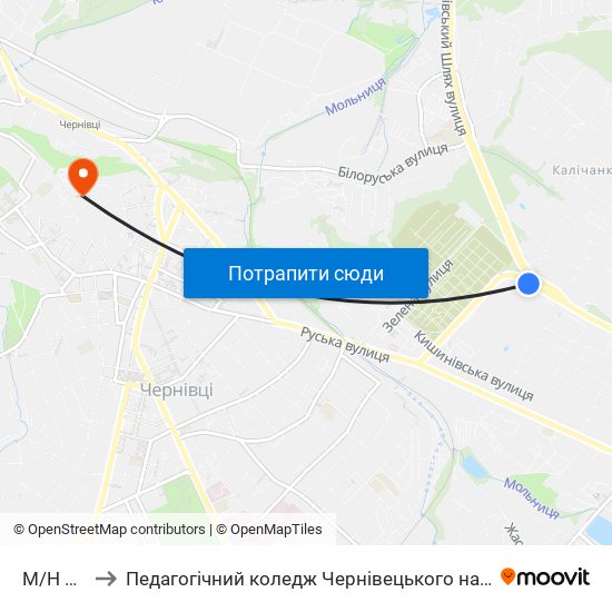М/Н Калічанка to Педагогічний коледж Чернівецького національного університету їм. Ю. Федьковича map