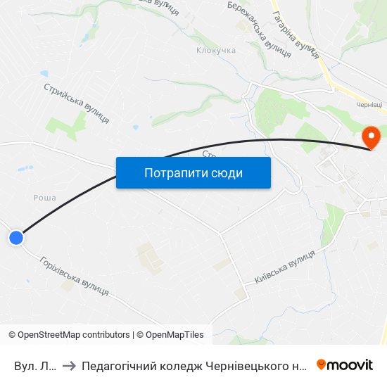 Вул. Ленківська to Педагогічний коледж Чернівецького національного університету їм. Ю. Федьковича map