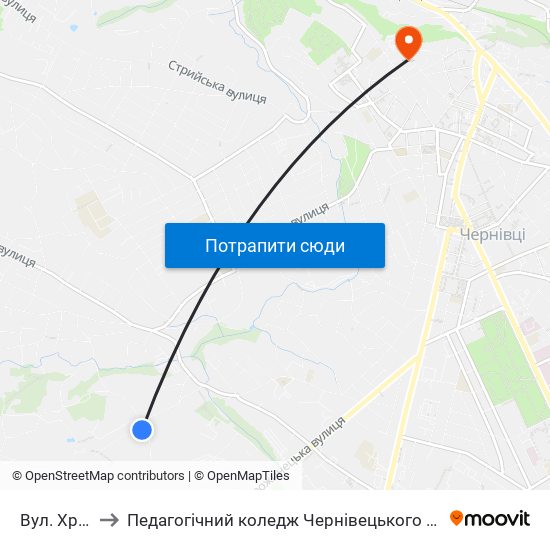 Вул. Хрещатинська to Педагогічний коледж Чернівецького національного університету їм. Ю. Федьковича map