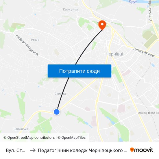 Вул. Сторожинецька to Педагогічний коледж Чернівецького національного університету їм. Ю. Федьковича map
