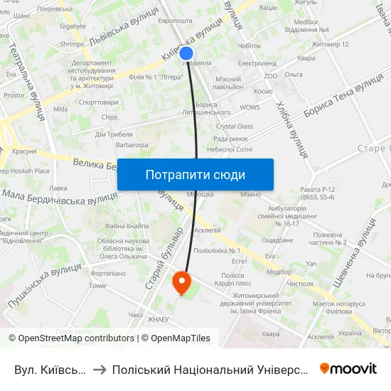 Вул. Київська to Поліський Національний Університет map