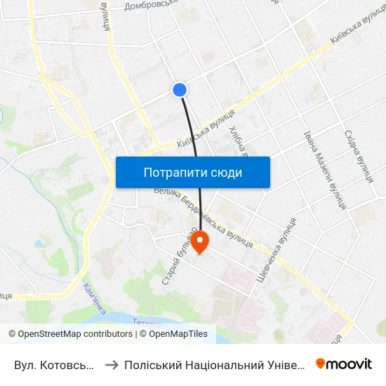 Вул. Котовського to Поліський Національний Університет map