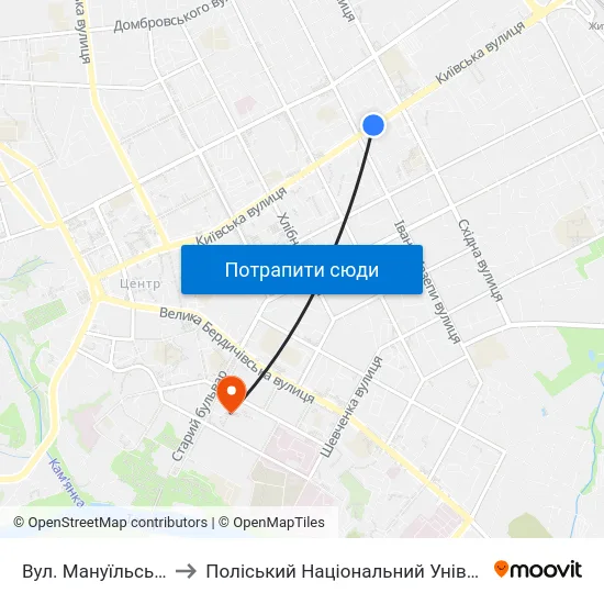 Вул. Мануїльського to Поліський Національний Університет map
