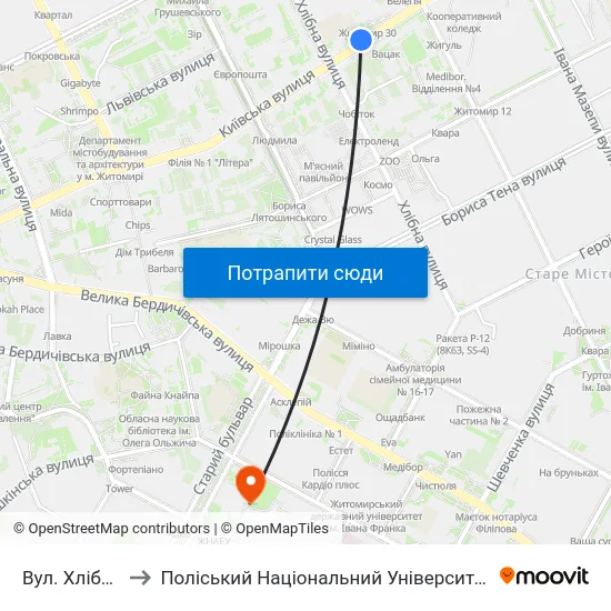 Вул. Хлібна to Поліський Національний Університет map