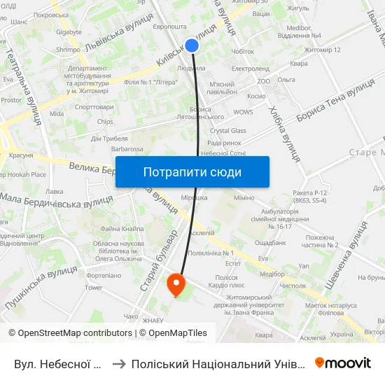 Вул. Небесної Сотні to Поліський Національний Університет map