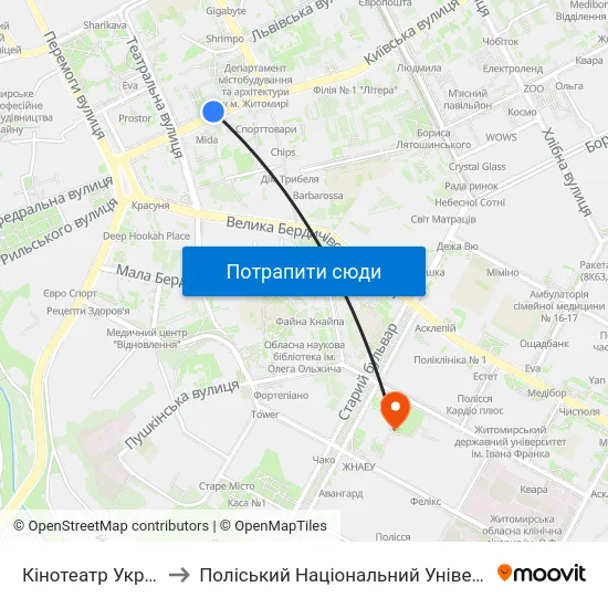 Кінотеатр Україна to Поліський Національний Університет map