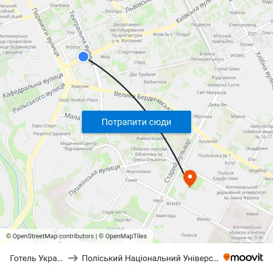 Готель Україна to Поліський Національний Університет map