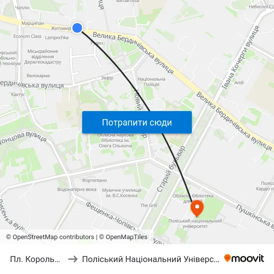 Пл. Корольова to Поліський Національний Університет map