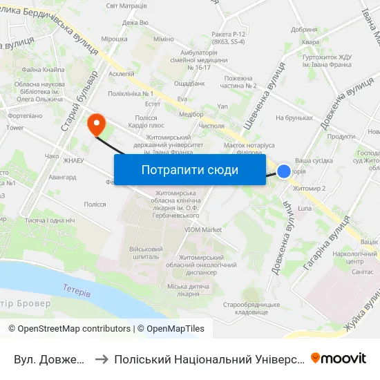 Вул. Довженка to Поліський Національний Університет map