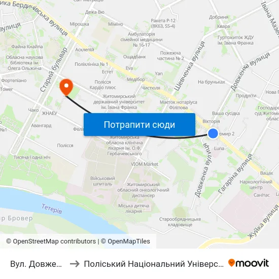 Вул. Довженка to Поліський Національний Університет map