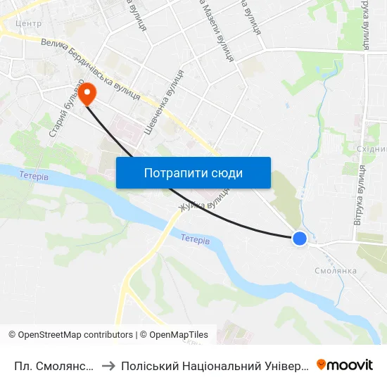 Пл. Смолянська to Поліський Національний Університет map