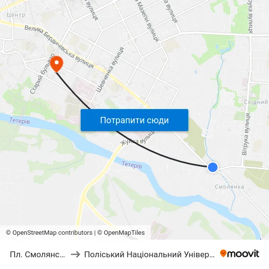 Пл. Смолянська to Поліський Національний Університет map