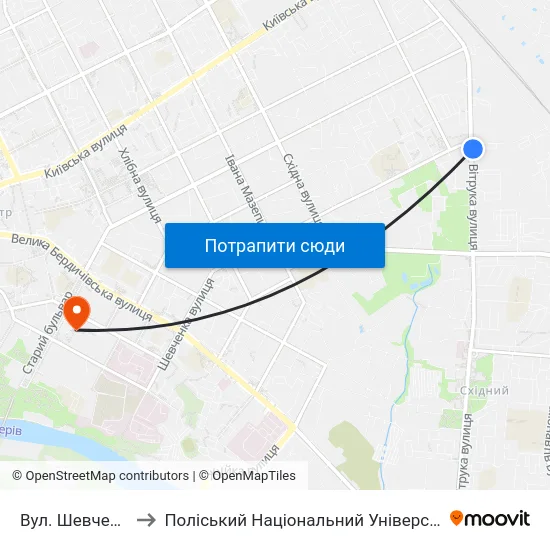 Вул. Шевченка to Поліський Національний Університет map