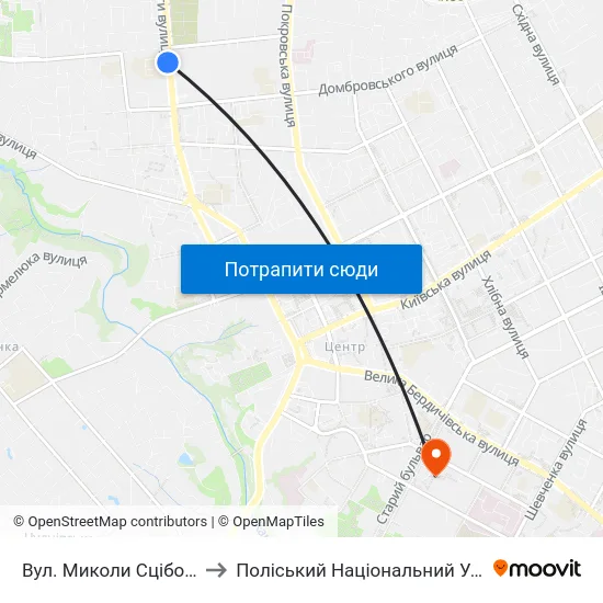 Вул. Миколи Сціборського to Поліський Національний Університет map