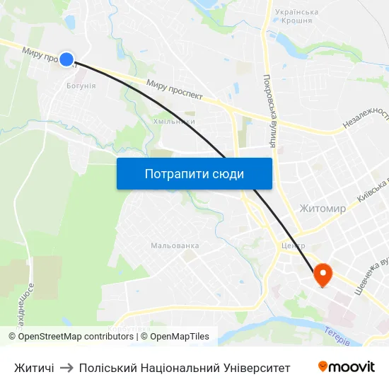 Житичі to Поліський Національний Університет map