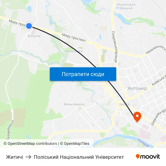 Житичі to Поліський Національний Університет map