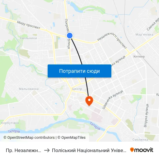 Пр. Незалежності to Поліський Національний Університет map