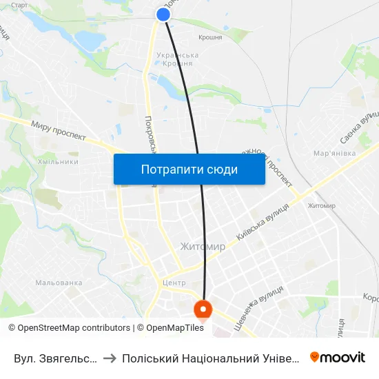 Вул. Звягельська to Поліський Національний Університет map
