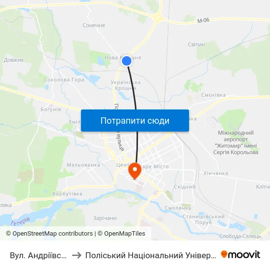 Вул. Андріївська to Поліський Національний Університет map
