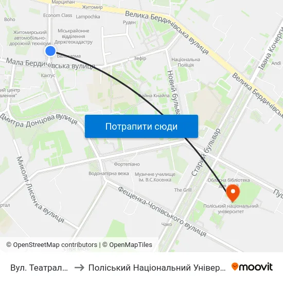 Вул. Театральна to Поліський Національний Університет map