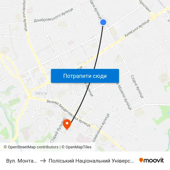 Вул. Монтана to Поліський Національний Університет map