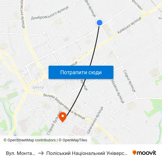 Вул. Монтана to Поліський Національний Університет map