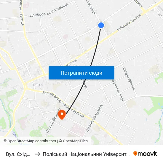 Вул. Східна to Поліський Національний Університет map