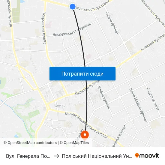 Вул. Генерала Потапова to Поліський Національний Університет map