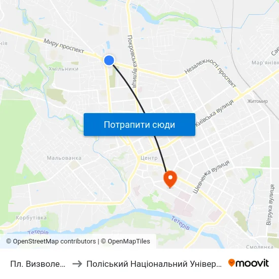 Пл. Визволення to Поліський Національний Університет map