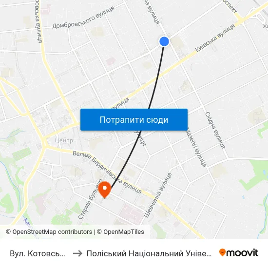 Вул. Котовського to Поліський Національний Університет map