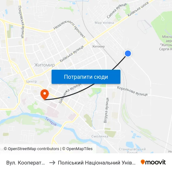 Вул. Кооперативна to Поліський Національний Університет map