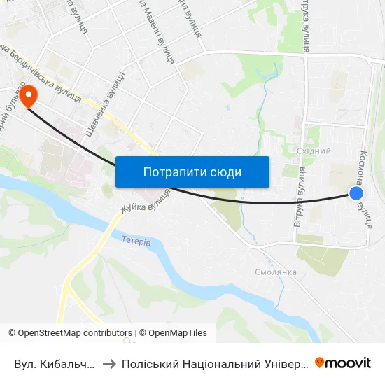Вул. Кибальчича to Поліський Національний Університет map