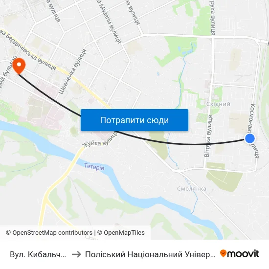 Вул. Кибальчича to Поліський Національний Університет map