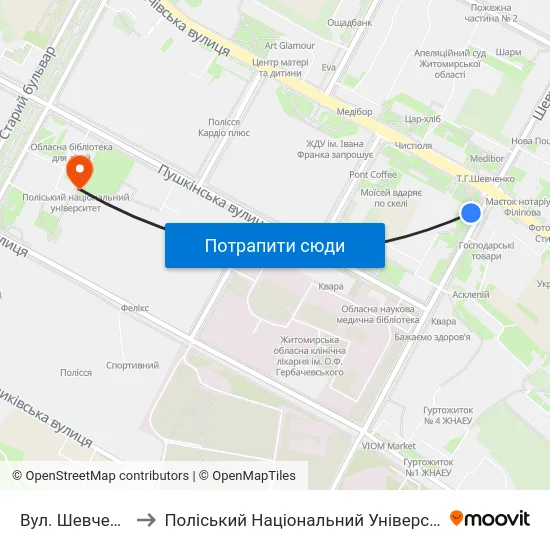 Вул. Шевченка to Поліський Національний Університет map