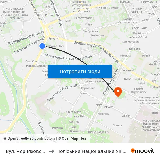 Вул. Черняховського to Поліський Національний Університет map