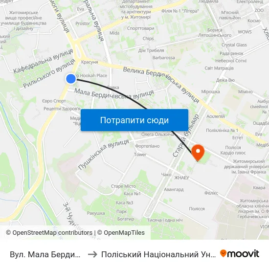 Вул. Мала Бердичівська to Поліський Національний Університет map