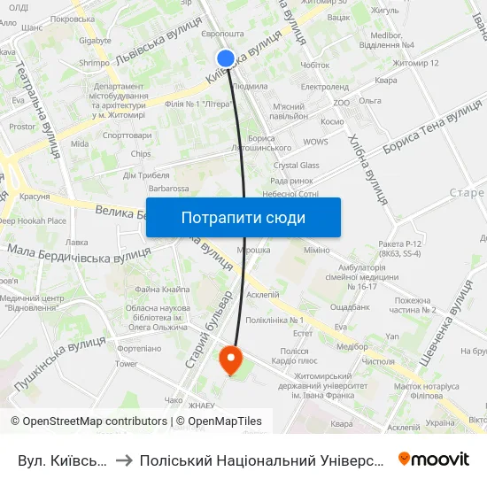 Вул. Київська to Поліський Національний Університет map