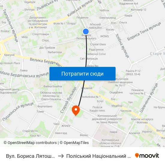 Вул. Бориса Лятошинського to Поліський Національний Університет map