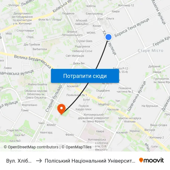 Вул. Хлібна to Поліський Національний Університет map