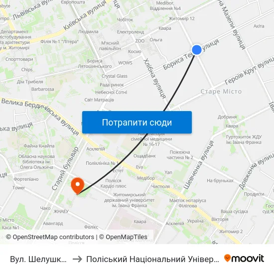 Вул. Шелушкова to Поліський Національний Університет map