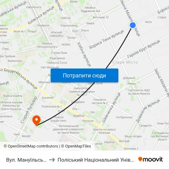 Вул. Мануїльського to Поліський Національний Університет map