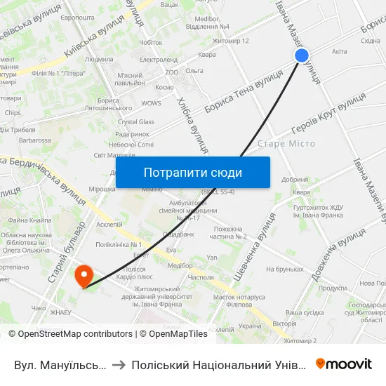 Вул. Мануїльського to Поліський Національний Університет map