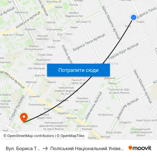 Вул. Бориса Тена to Поліський Національний Університет map