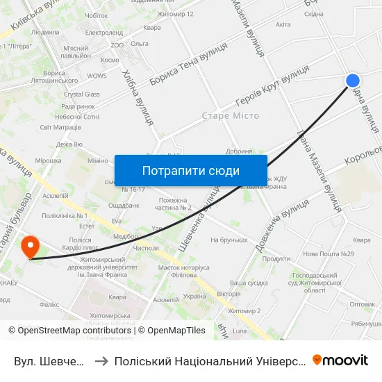 Вул. Шевченка to Поліський Національний Університет map