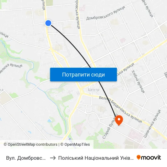 Вул. Домбровського to Поліський Національний Університет map